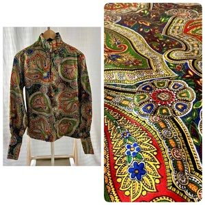 Vintage 70s High Neck Rich Tone Paisley Print Blouse by Ellen Tracy Size Medium